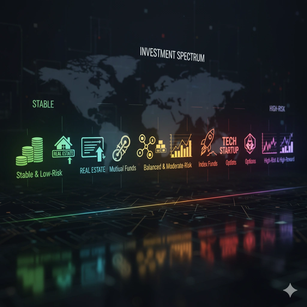 An image showing a variety of different investment options, from stable to high-risk.